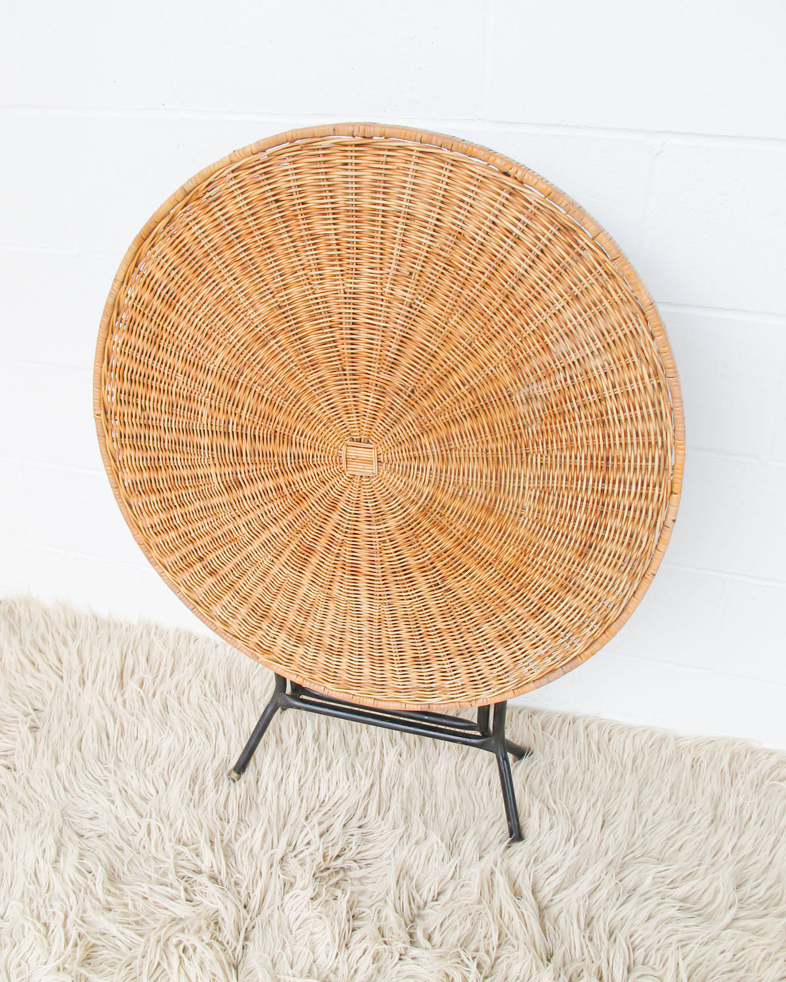 Folding Midcentury Rattan Table with Metal Base
