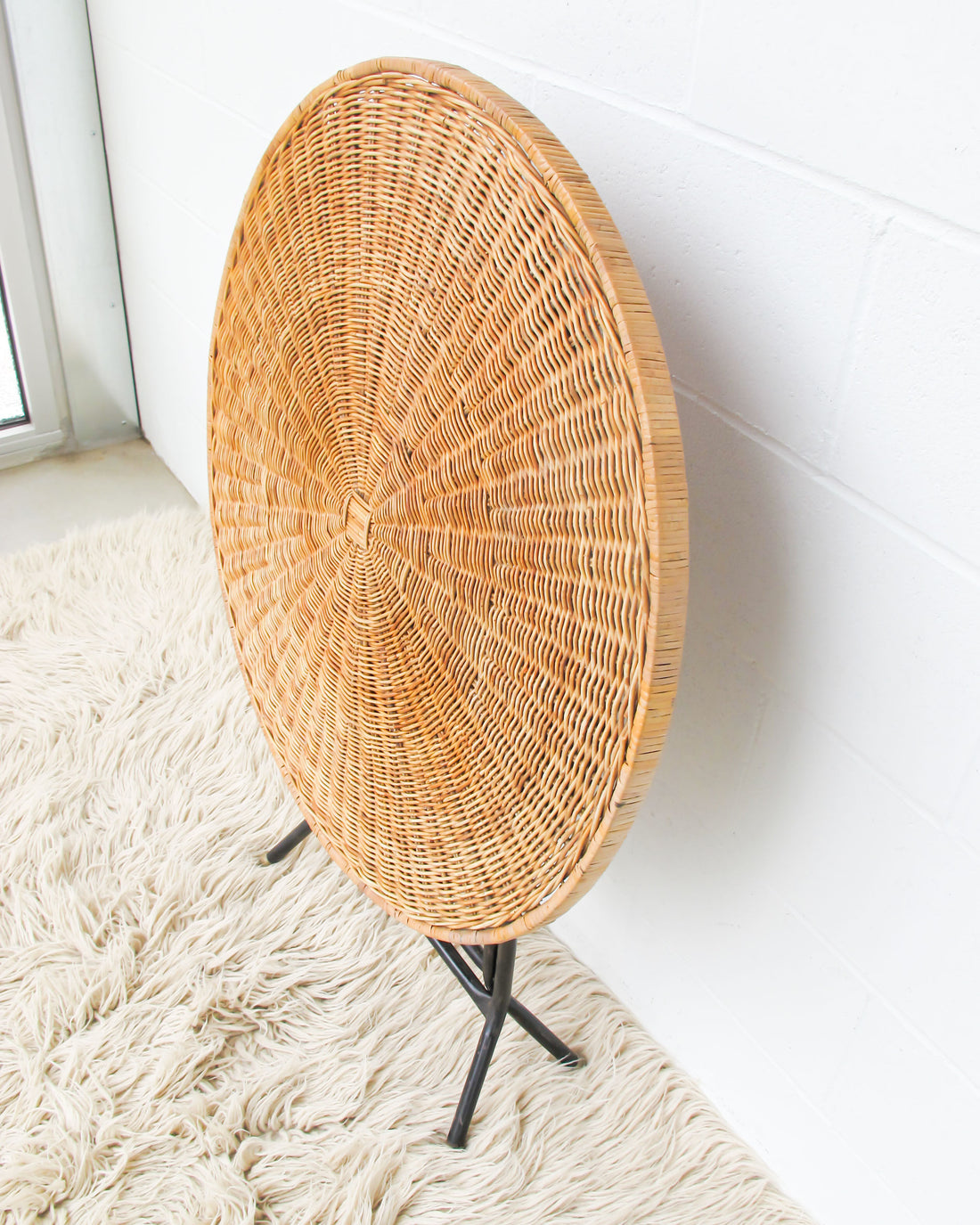 Folding Midcentury Rattan Table with Metal Base