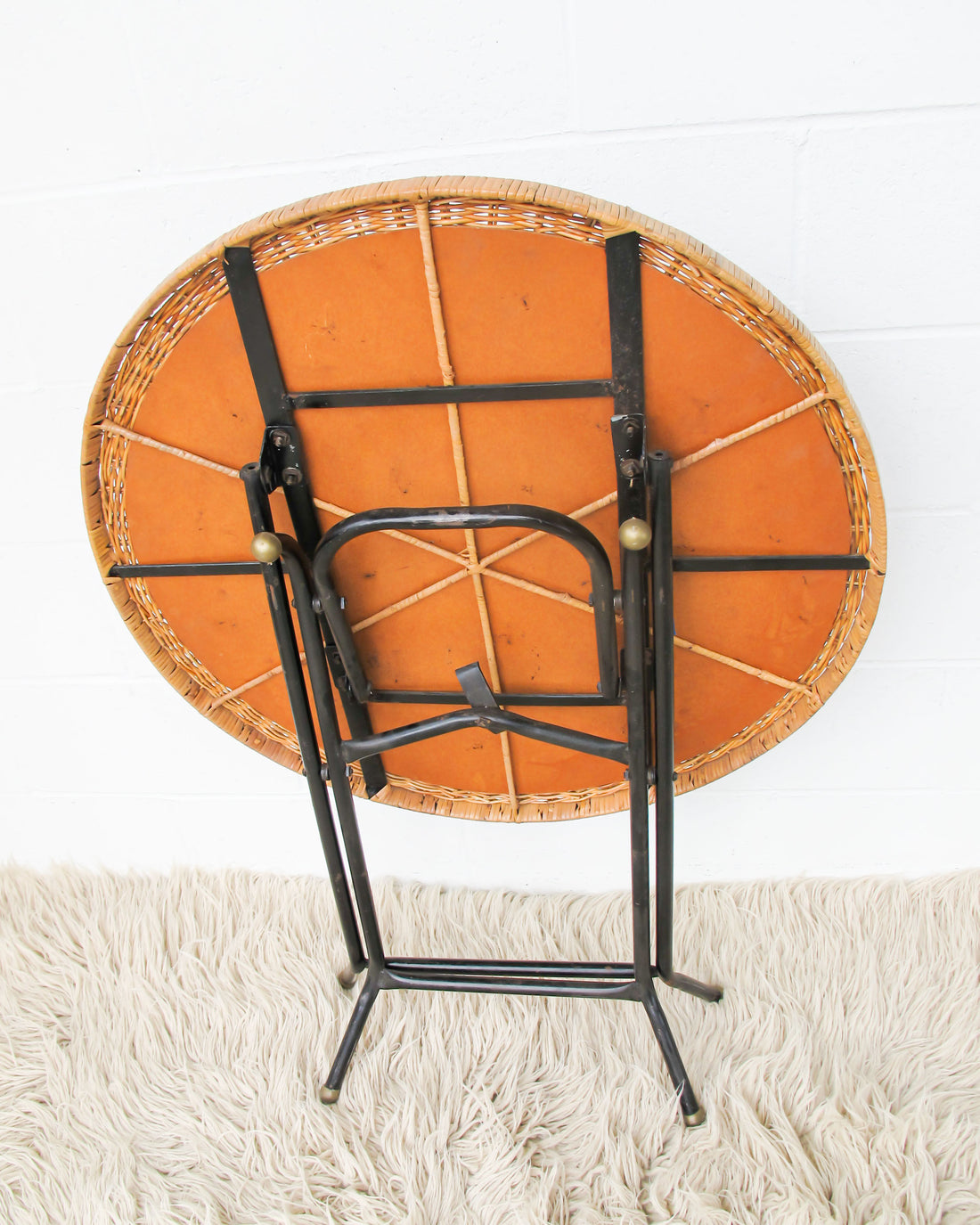 Folding Midcentury Rattan Table with Metal Base