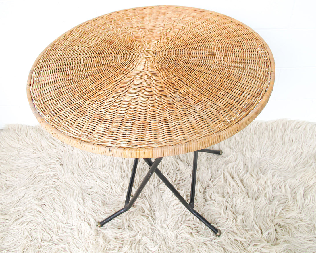 Folding Midcentury Rattan Table with Metal Base