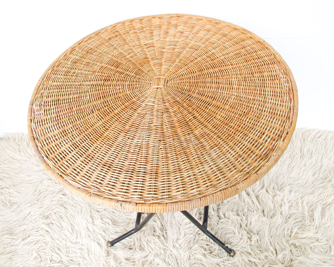 Folding Midcentury Rattan Table with Metal Base