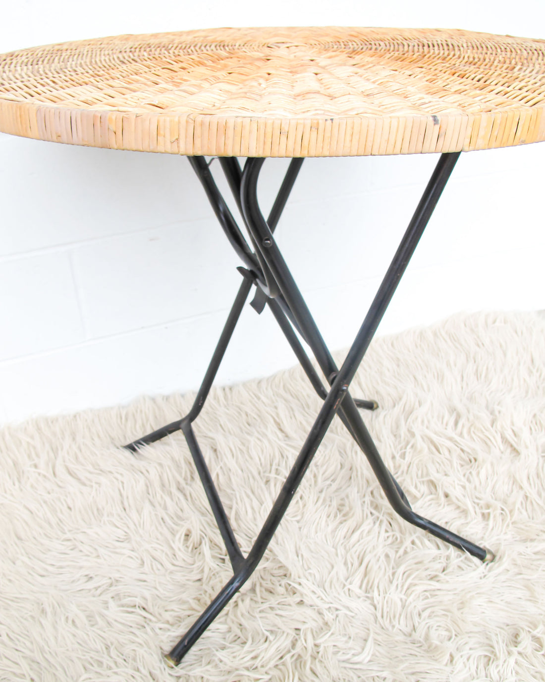 Folding Midcentury Rattan Table with Metal Base