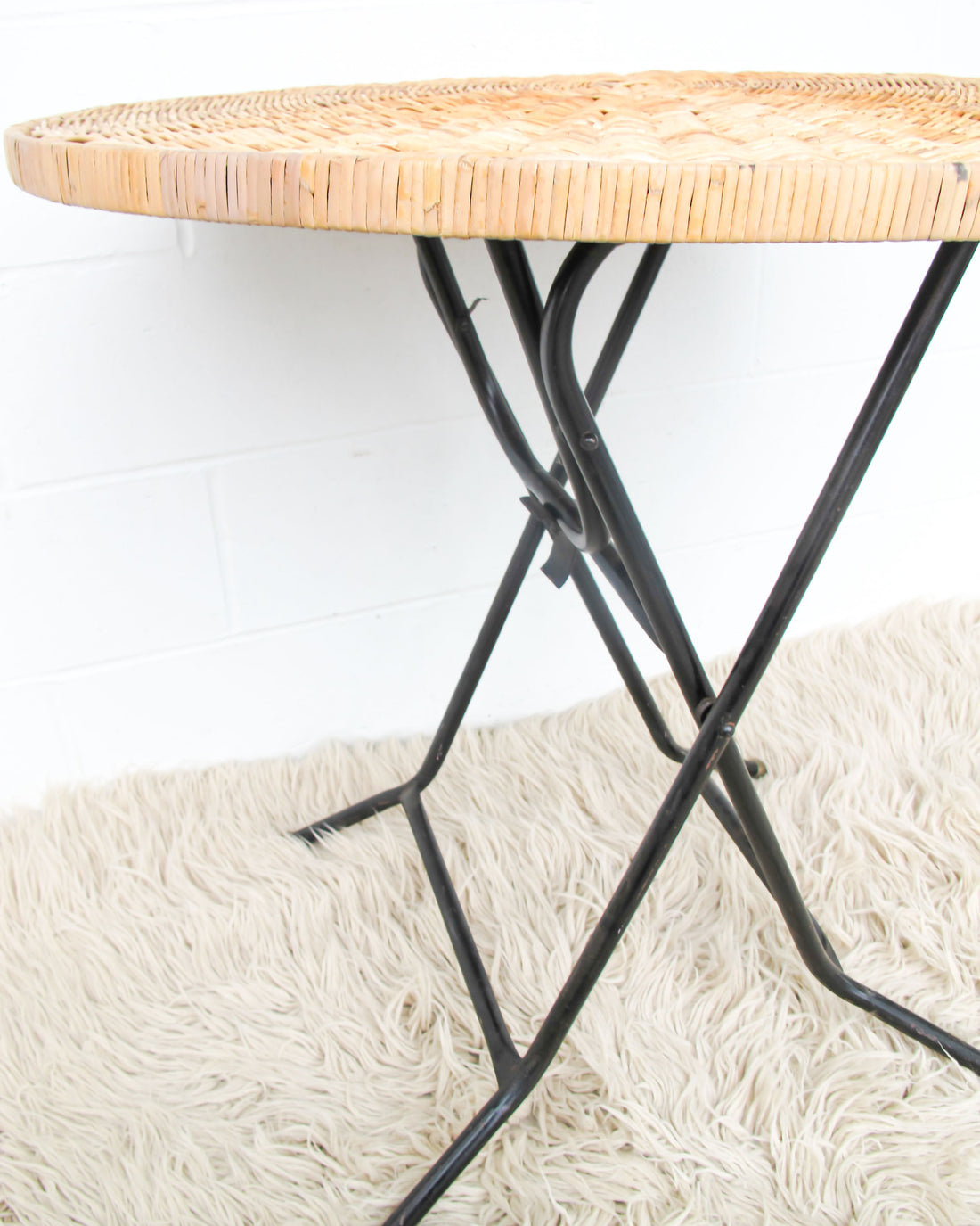 Folding Midcentury Rattan Table with Metal Base