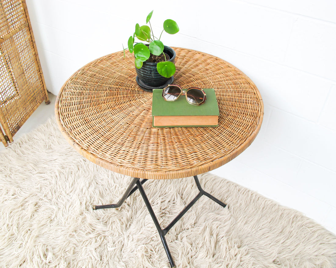 Folding Midcentury Rattan Table with Metal Base