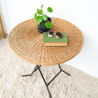 Folding Midcentury Rattan Table with Metal Base