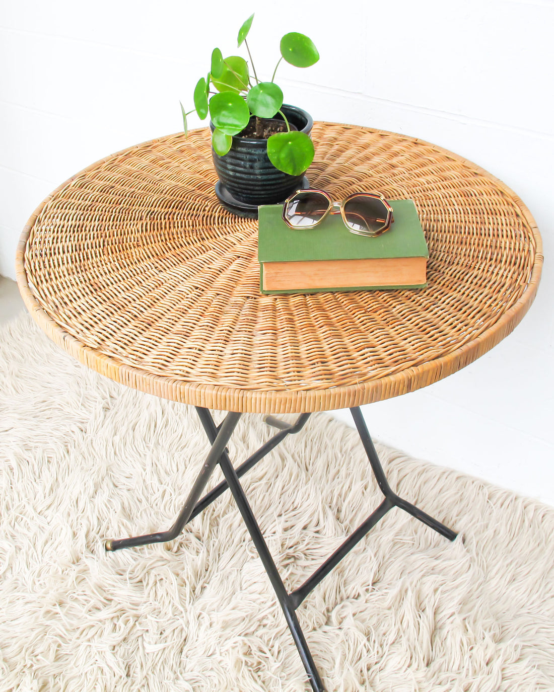 Folding Midcentury Rattan Table with Metal Base