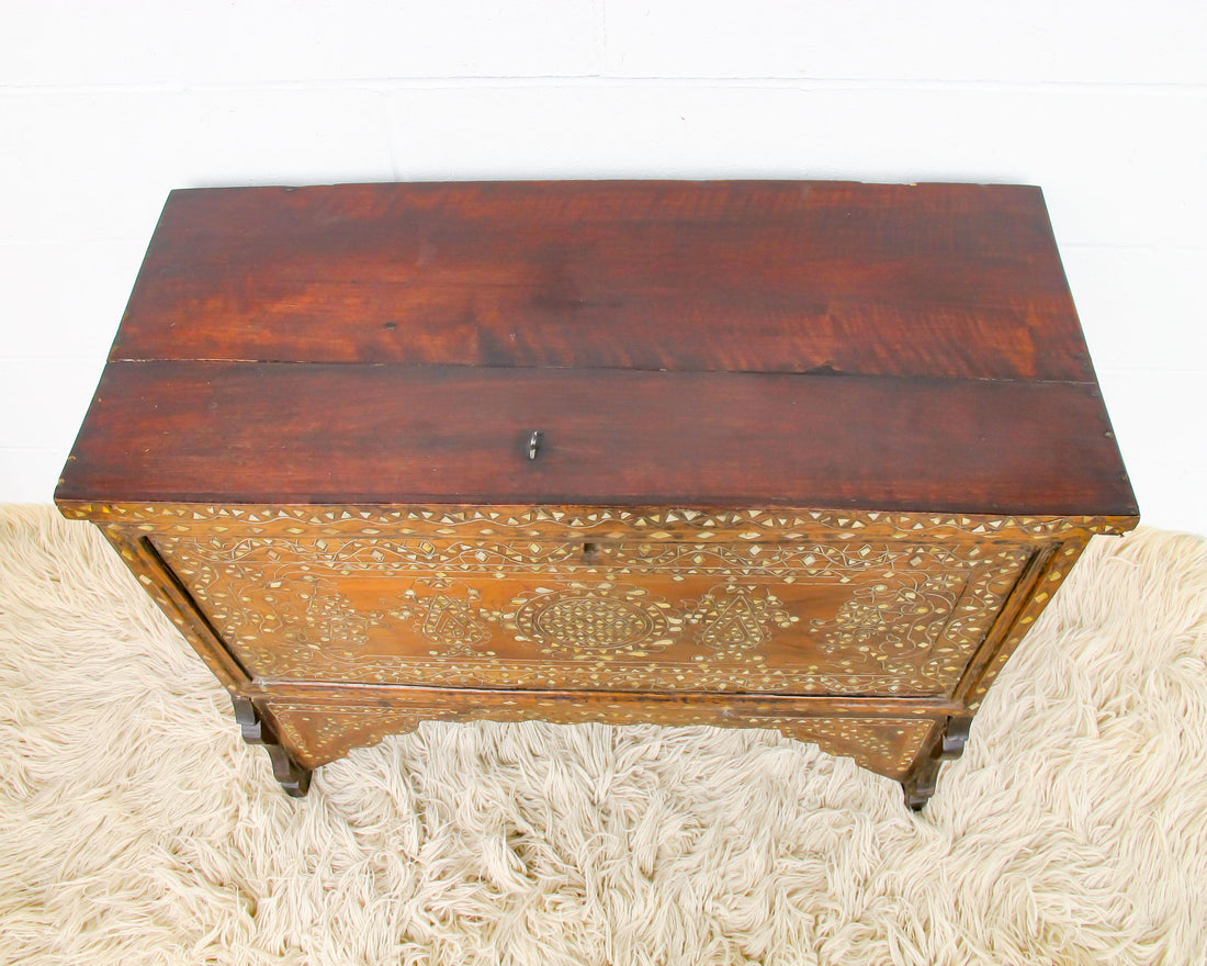 Inlayed Mother of Pearl Teak inlayed foye chest trunk with side solid sheet legs