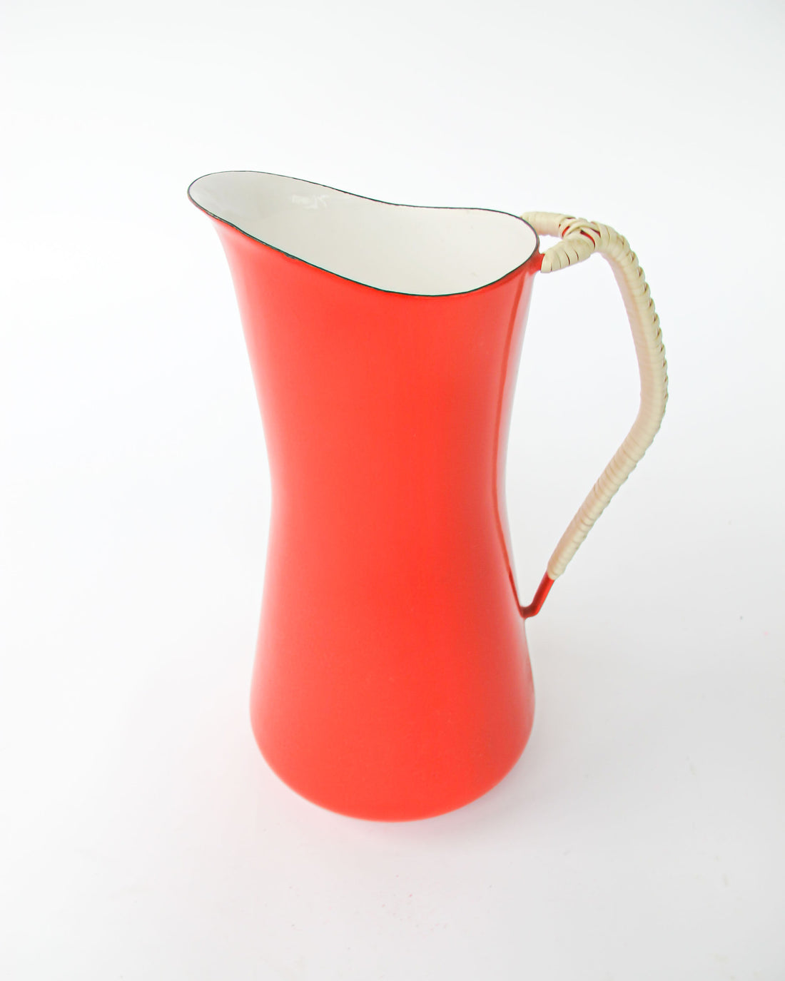 Danish Red Enameled Cast iron Pitcher with Woven handle