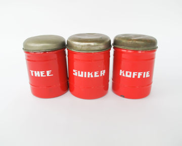 Set of 3 Midcentury Dutch Red with Chrome Dome Lid Danish Canisters