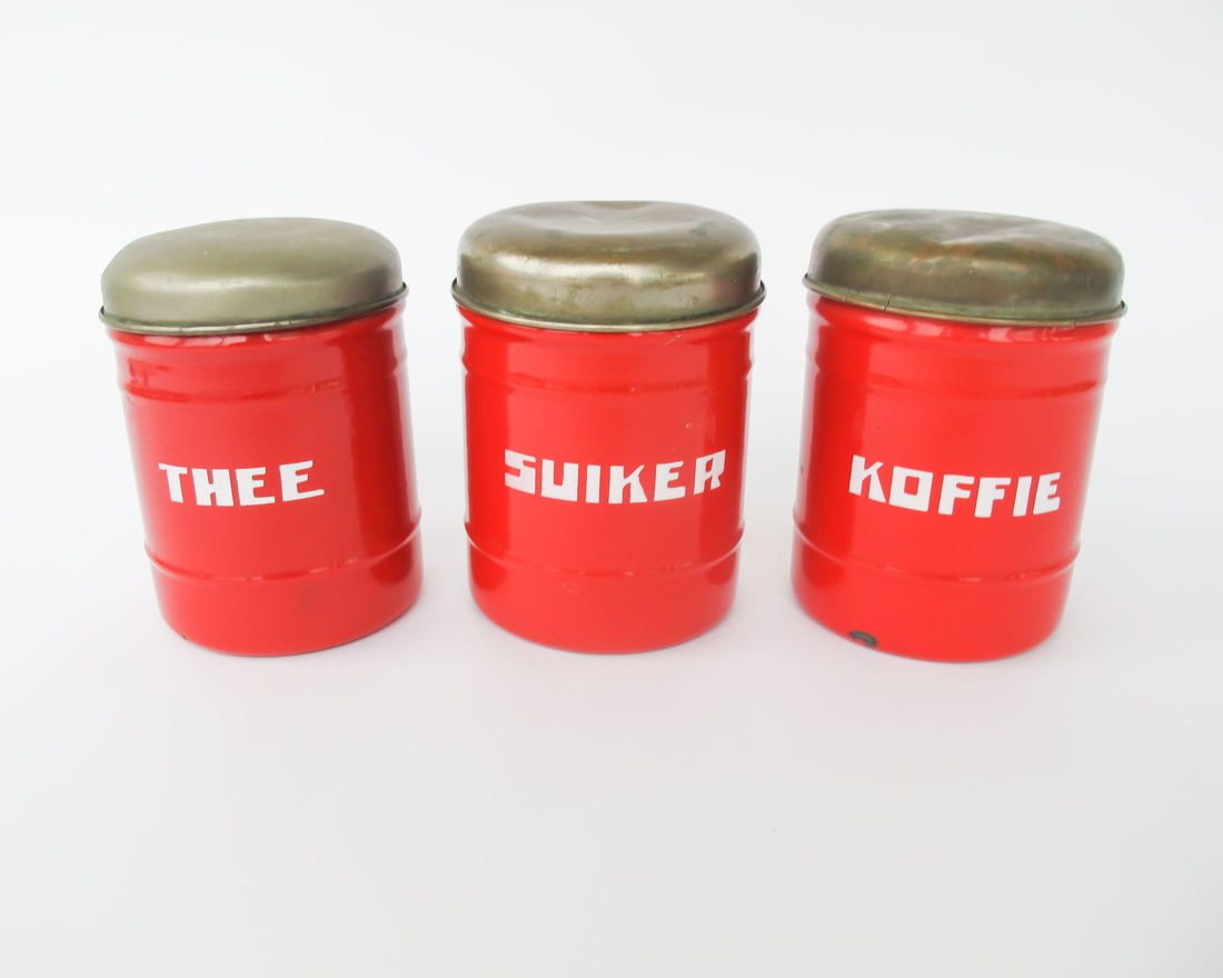 Set of 3 Midcentury Dutch Red with Chrome Dome Lid Danish Canisters