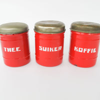 NEW - Set of 3 Midcentury Dutch Red with Chrome Dome Lid Danish Canisters