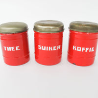 Set of 3 Midcentury Dutch Red with Chrome Dome Lid Danish Canisters