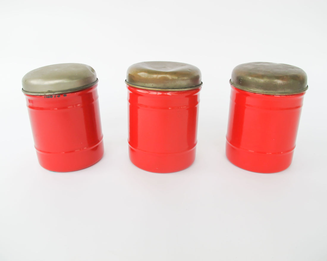 Set of 3 Midcentury Dutch Red with Chrome Dome Lid Danish Canisters