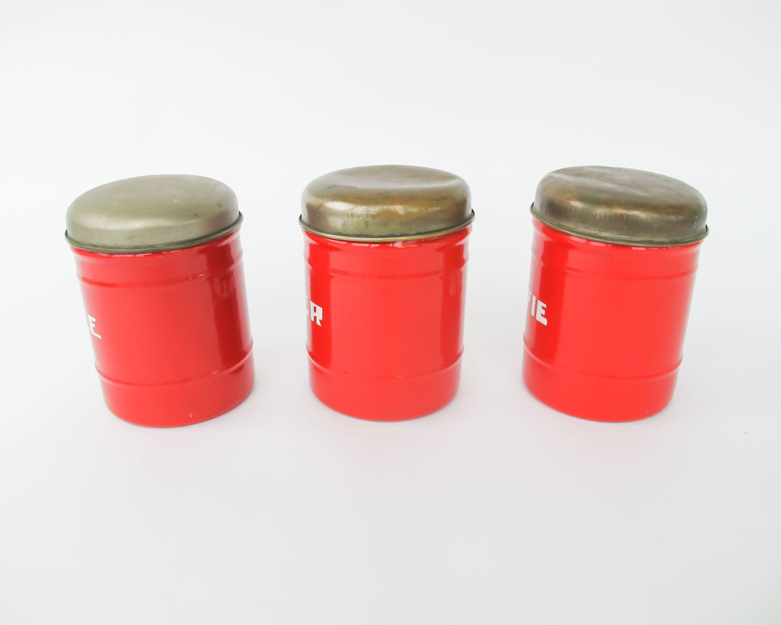 Set of 3 Midcentury Dutch Red with Chrome Dome Lid Danish Canisters