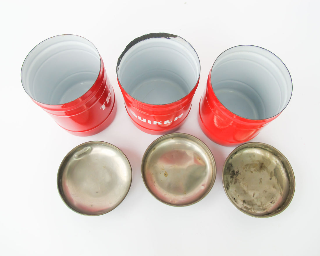 Set of 3 Midcentury Dutch Red with Chrome Dome Lid Danish Canisters