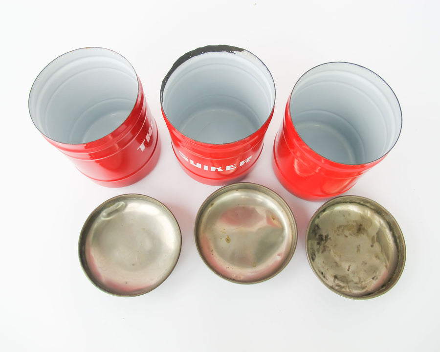 NEW - Set of 3 Midcentury Dutch Red with Chrome Dome Lid Danish Canisters