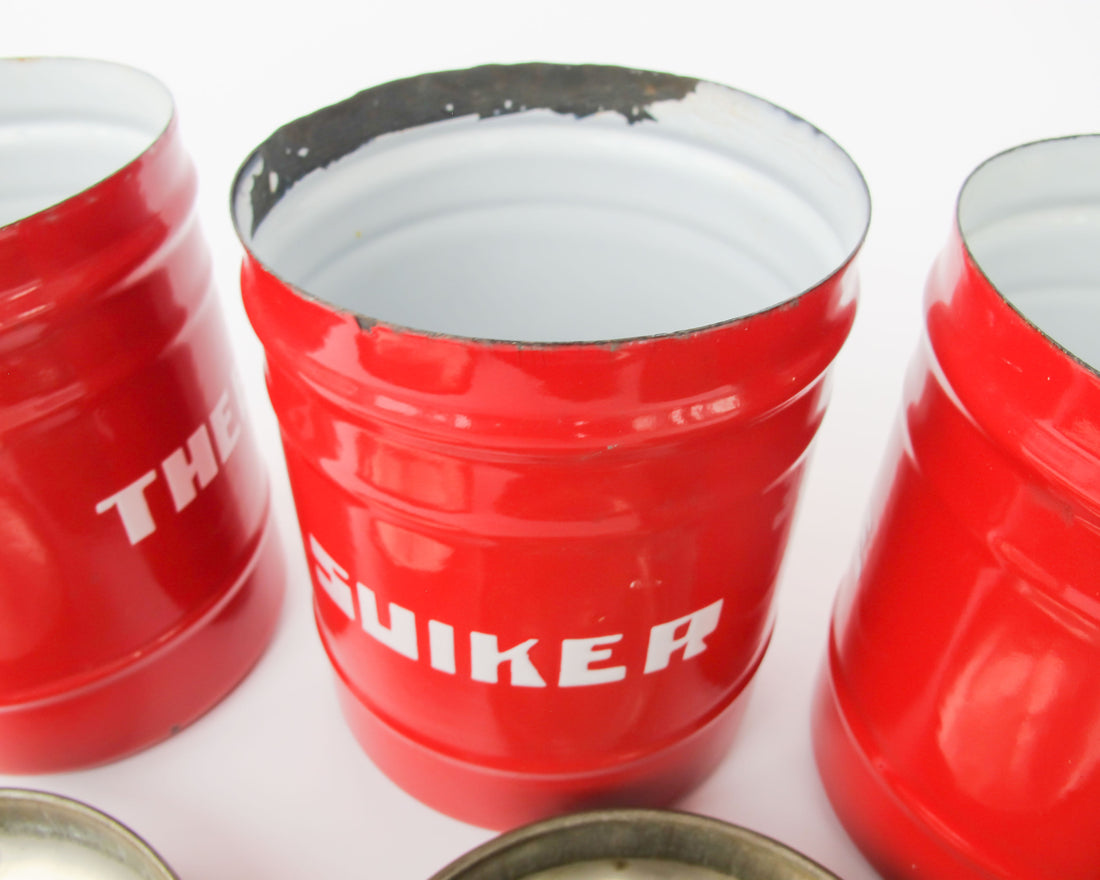 Set of 3 Midcentury Dutch Red with Chrome Dome Lid Danish Canisters