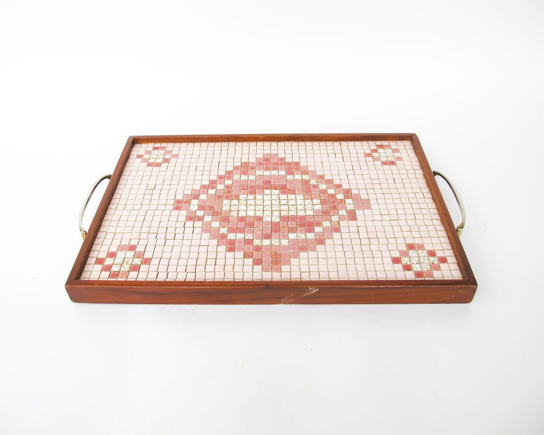 Midcentury Pink Square Mini Tile Wood Tray with Brass Handles