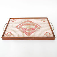 Midcentury Pink Square Mini Tile Wood Tray with Brass Handles