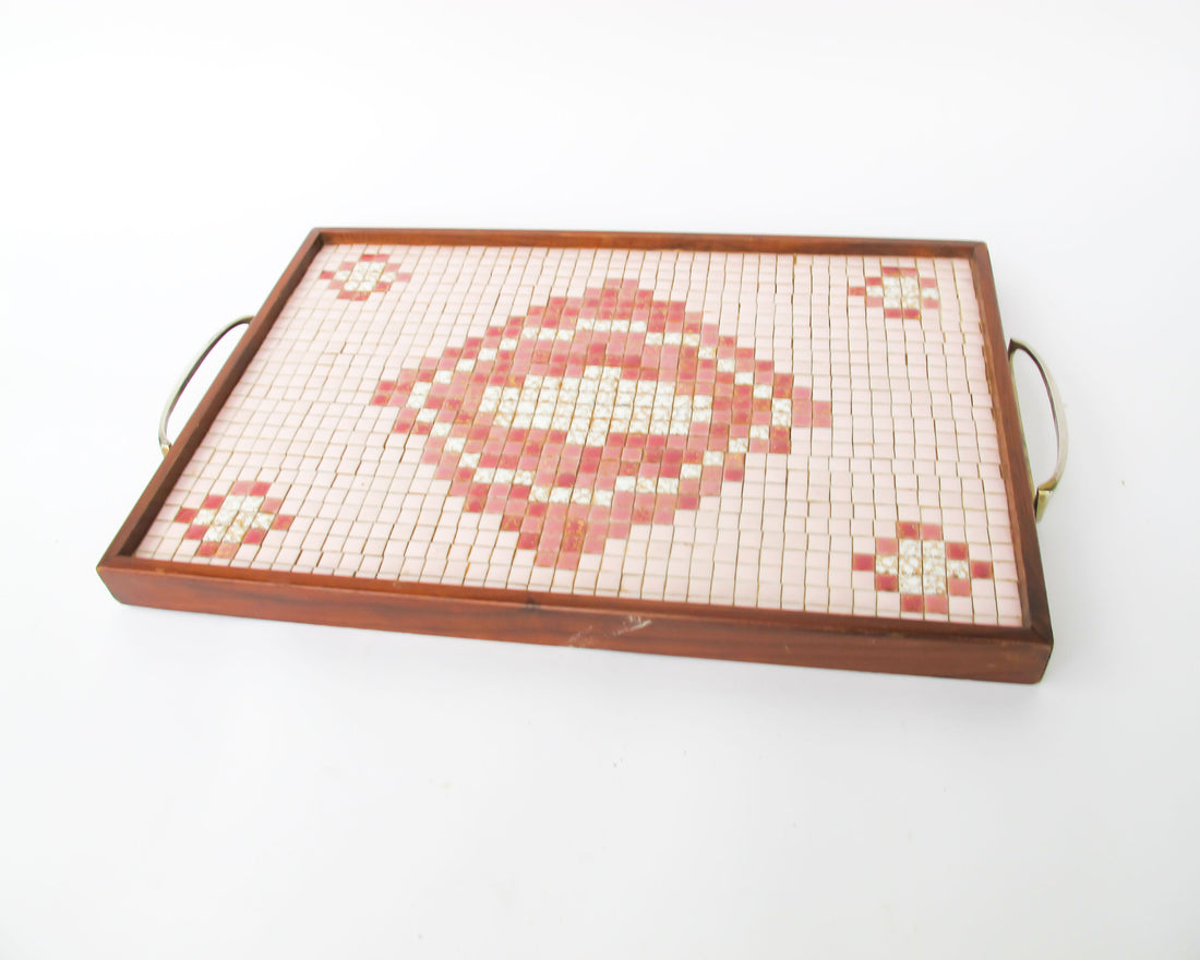 Midcentury Pink Square Mini Tile Wood Tray with Brass Handles