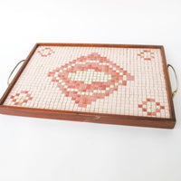 Midcentury Pink Square Mini Tile Wood Tray with Brass Handles