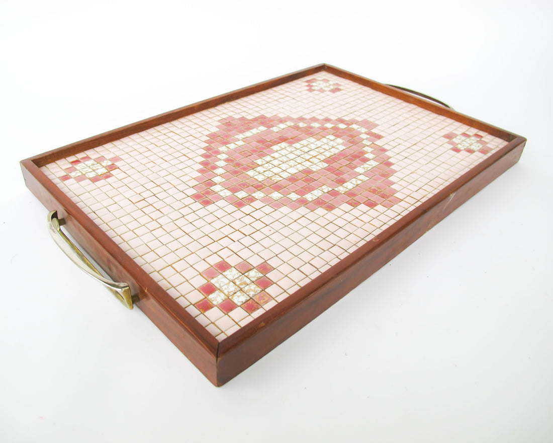 Midcentury Pink Square Mini Tile Wood Tray with Brass Handles