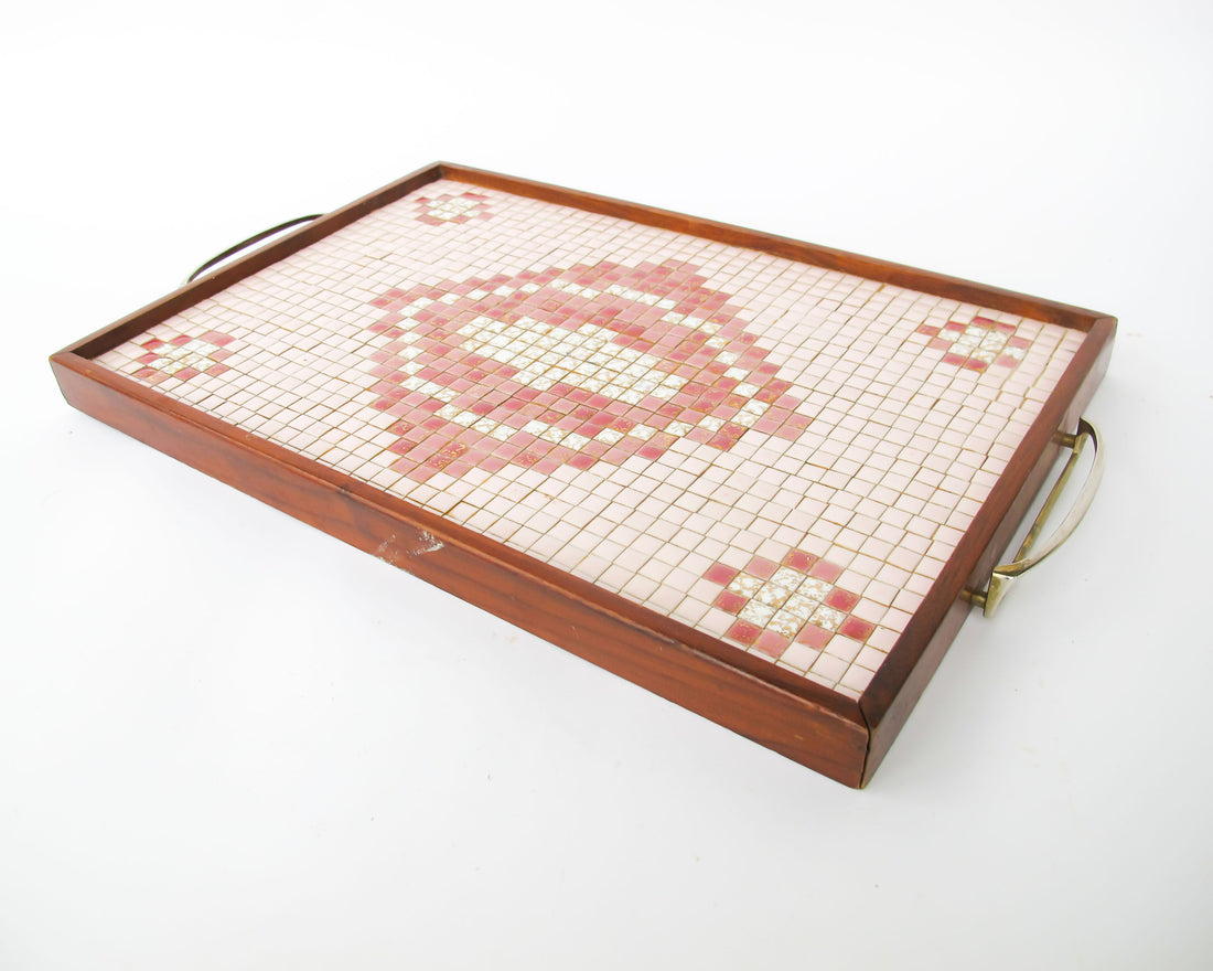 Midcentury Pink Square Mini Tile Wood Tray with Brass Handles