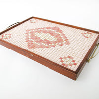 Midcentury Pink Square Mini Tile Wood Tray with Brass Handles