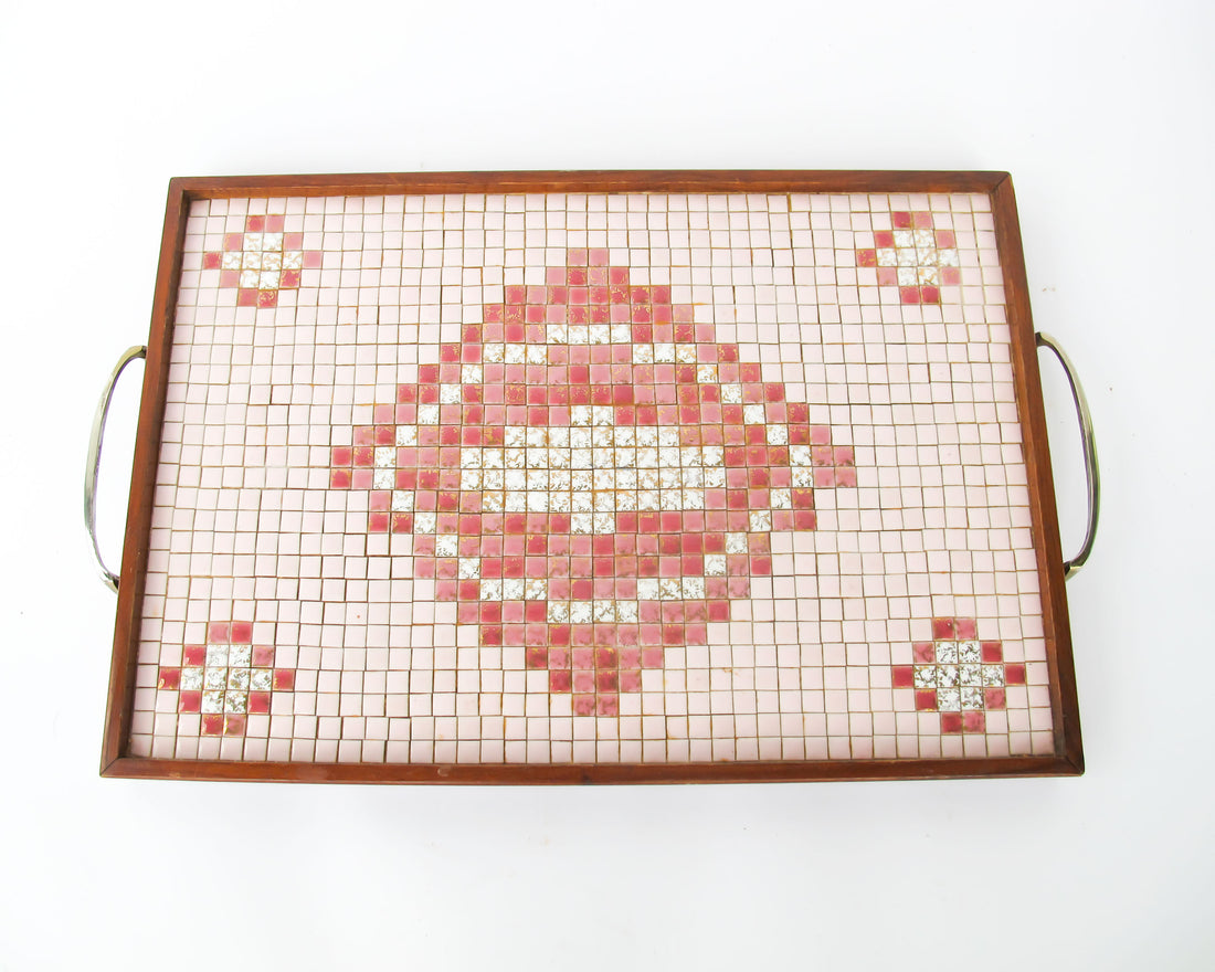 Midcentury Pink Square Mini Tile Wood Tray with Brass Handles