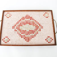 Midcentury Pink Square Mini Tile Wood Tray with Brass Handles