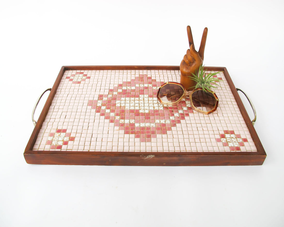 Midcentury Pink Square Mini Tile Wood Tray with Brass Handles