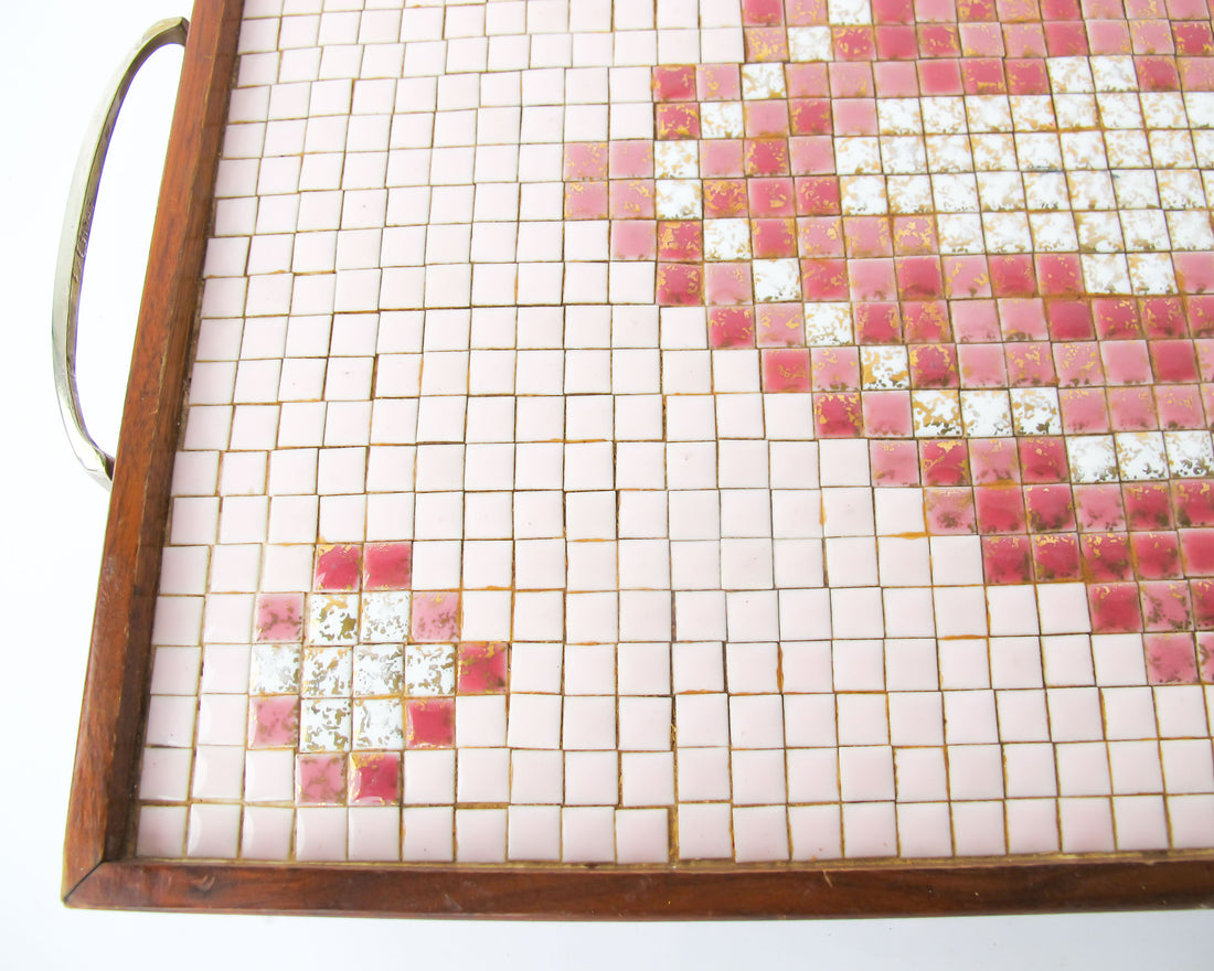 Midcentury Pink Square Mini Tile Wood Tray with Brass Handles