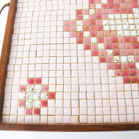 Midcentury Pink Square Mini Tile Wood Tray with Brass Handles