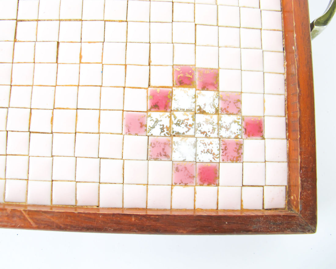 Midcentury Pink Square Mini Tile Wood Tray with Brass Handles