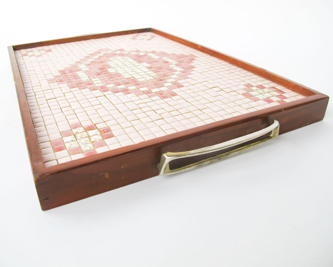 Midcentury Pink Square Mini Tile Wood Tray with Brass Handles