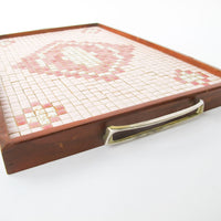 Midcentury Pink Square Mini Tile Wood Tray with Brass Handles