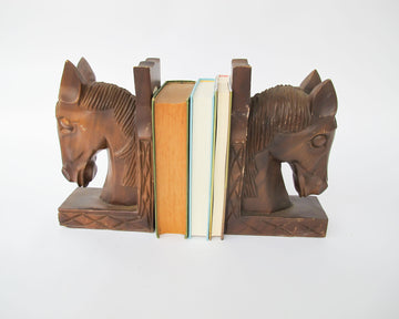 Large Monkey Pod Wood Horse Bookends