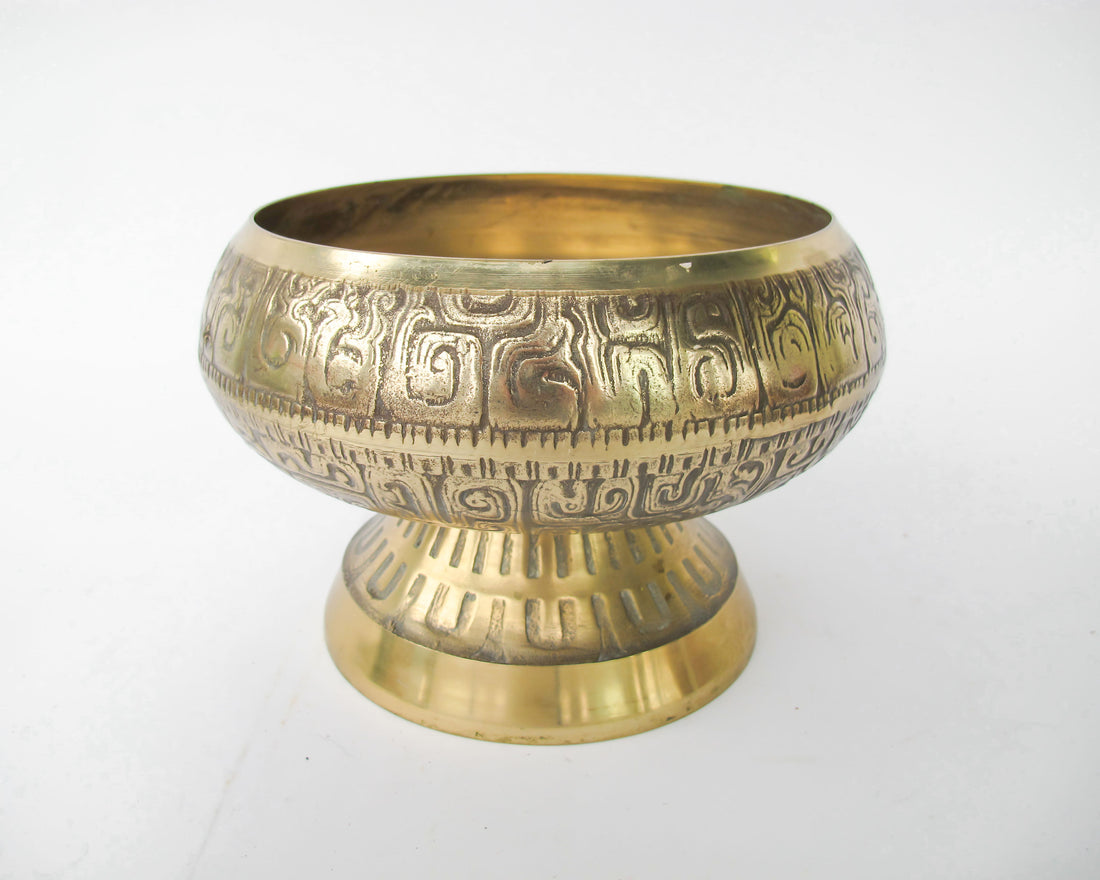 Large Vintage Brass Pedestal Bowl with Midcentury Modern Detailing