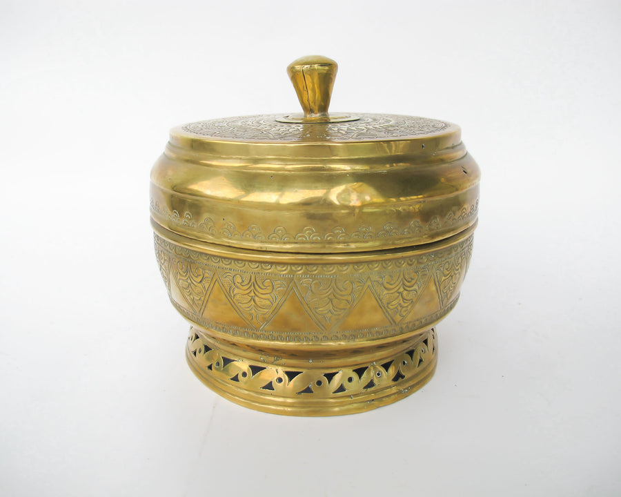 Large Hammered Brass Pedestal Pot with Lid