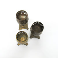 Set of 3 India Lattice Brass Candlestick holders on tri foot bases