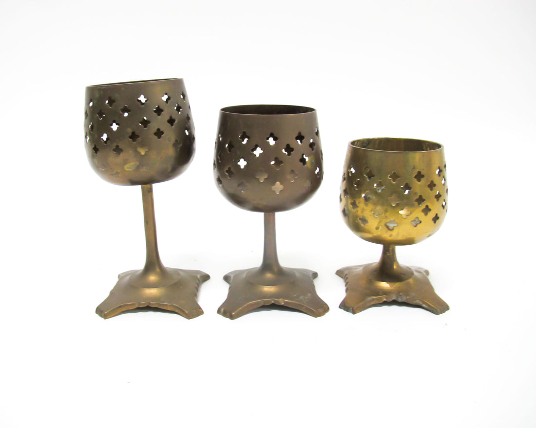 Set of 3 India Lattice Brass Candlestick holders on tri foot bases