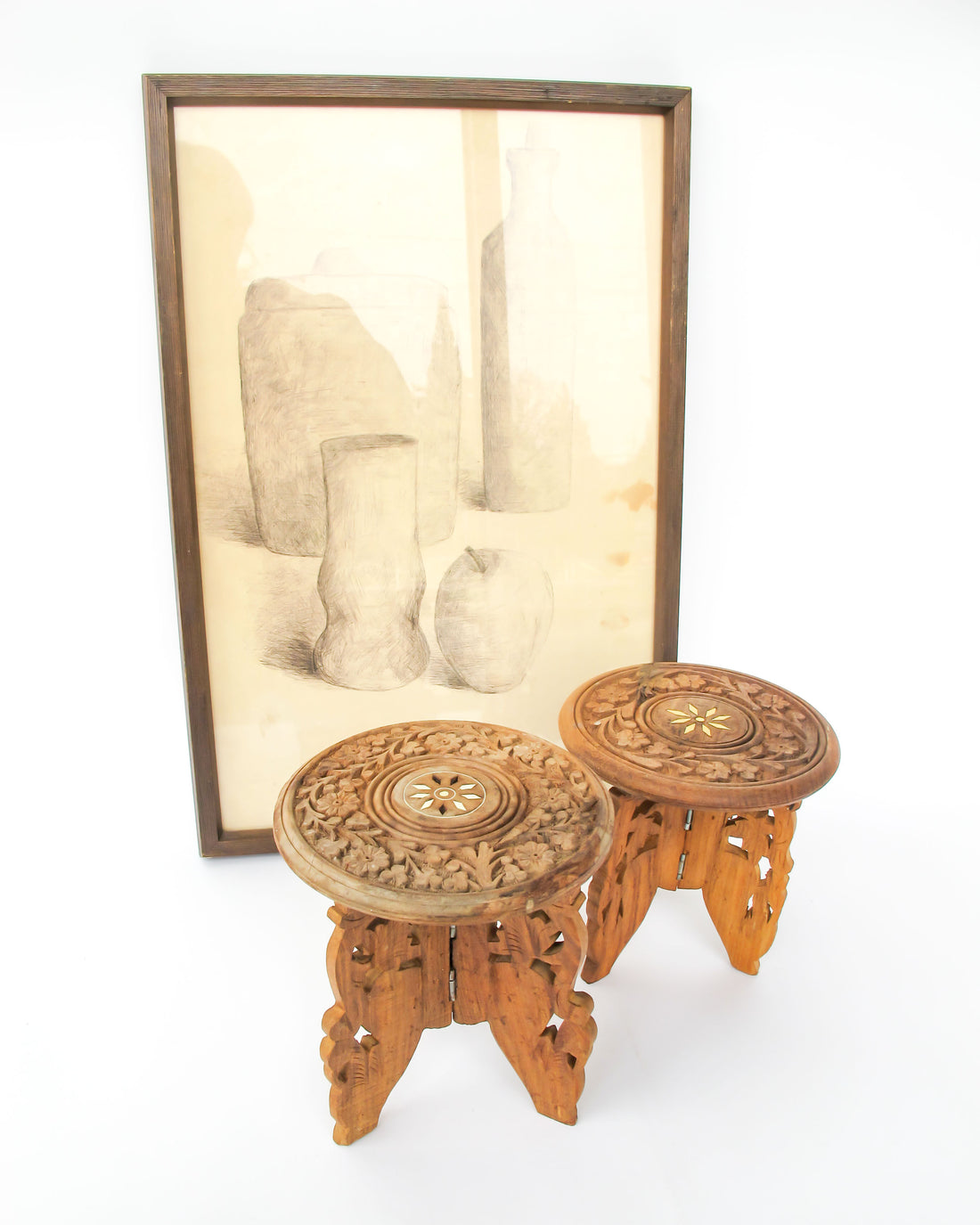 Mini Teak Folding Plant Stand Tables with Inlay