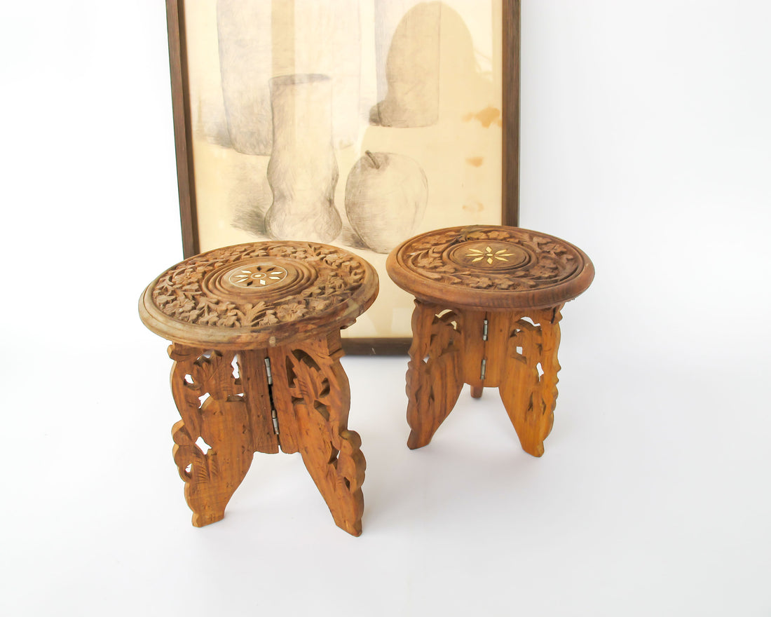 Mini Teak Folding Plant Stand Tables with Inlay