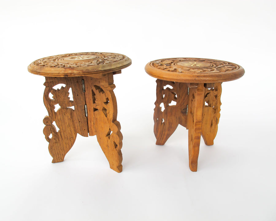 Mini Teak Folding Plant Stand Tables with Inlay