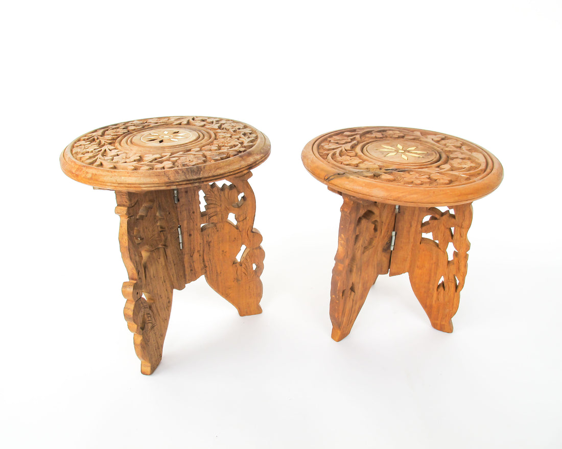 Mini Teak Folding Plant Stand Tables with Inlay