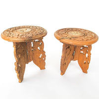 Mini Teak Folding Plant Stand Tables with Inlay