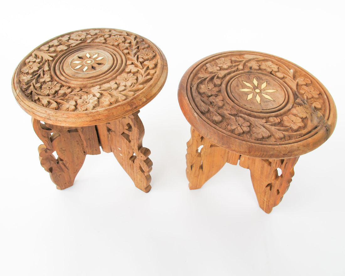 Mini Teak Folding Plant Stand Tables with Inlay