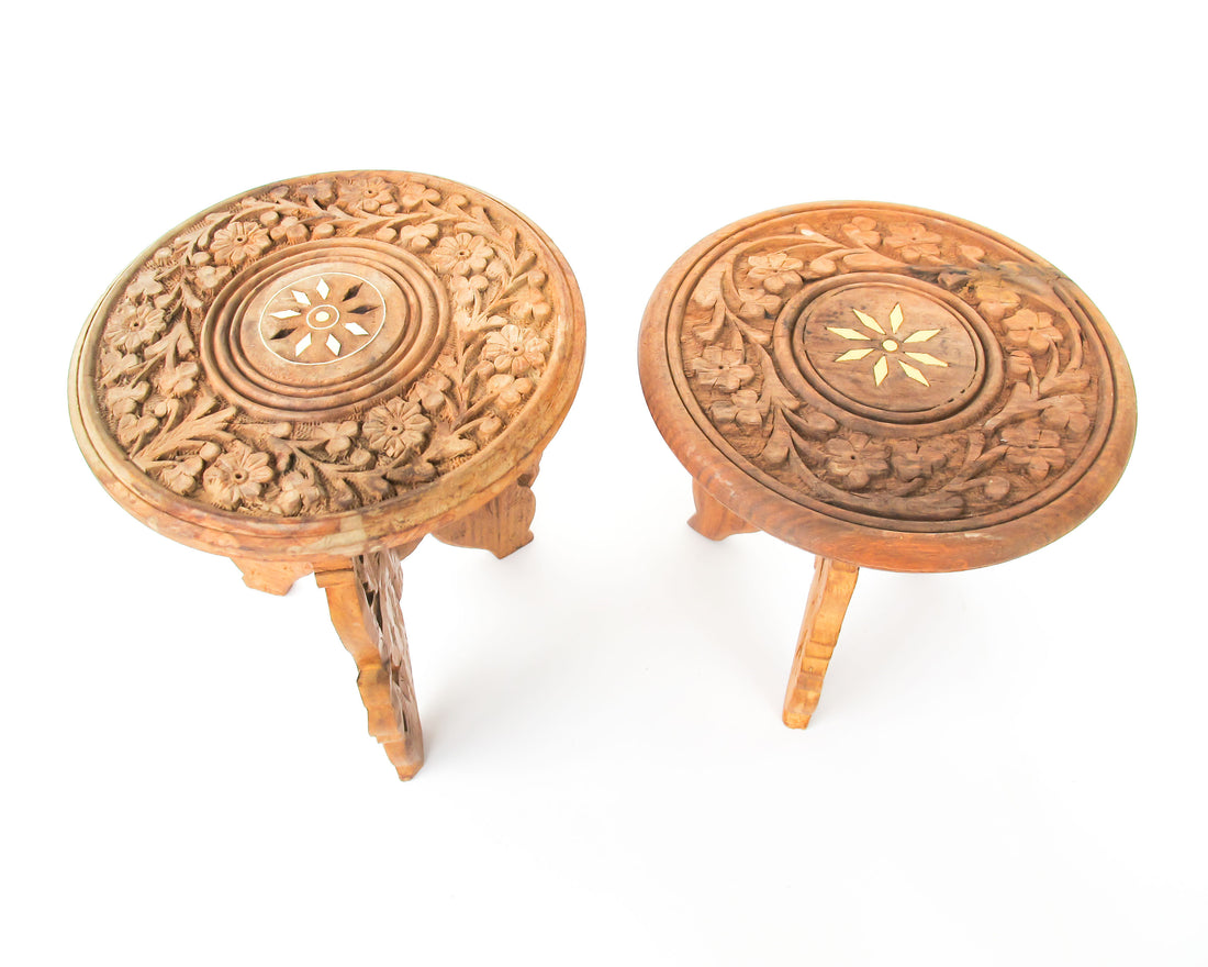 Mini Teak Folding Plant Stand Tables with Inlay