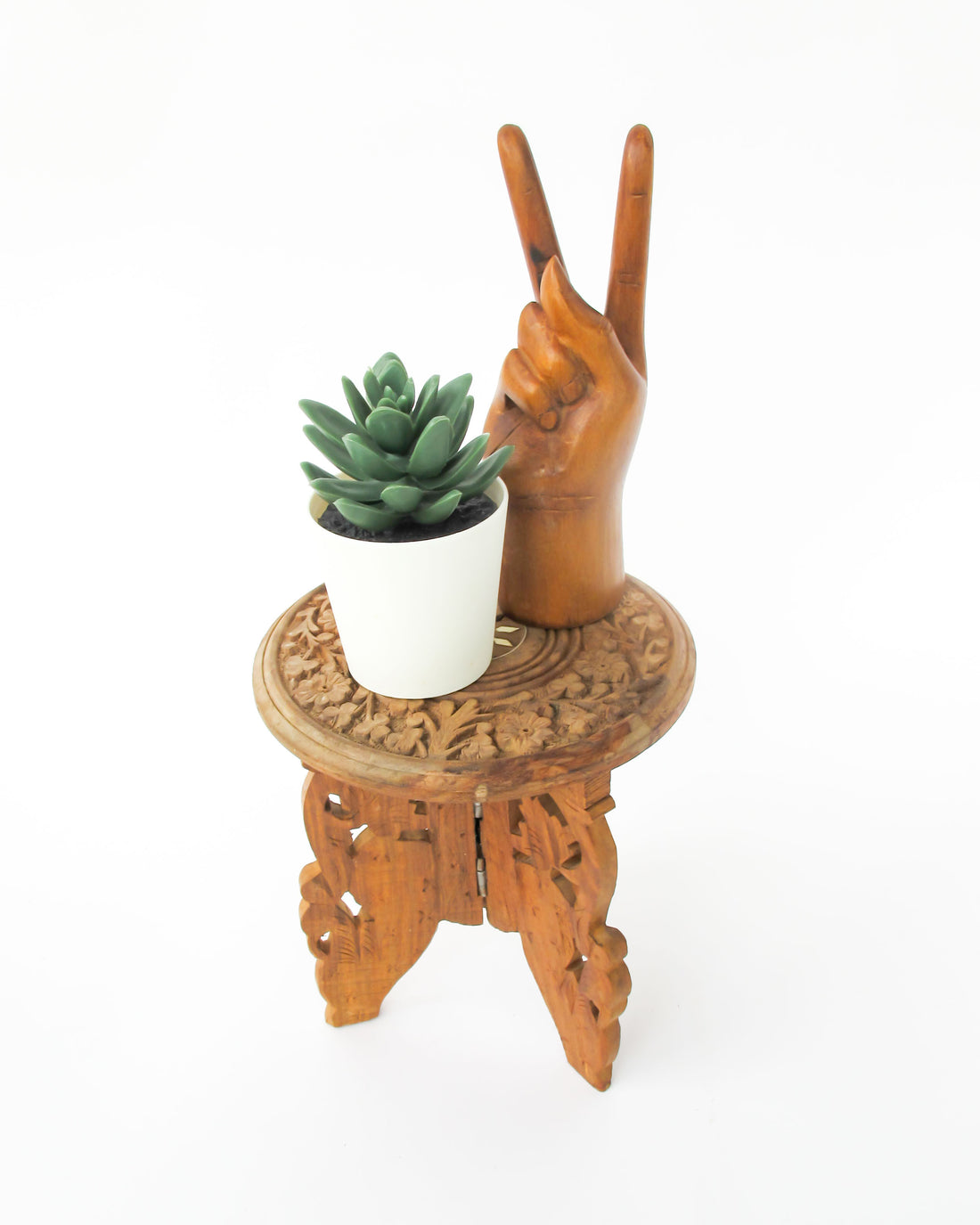 Mini Teak Folding Plant Stand Tables with Inlay