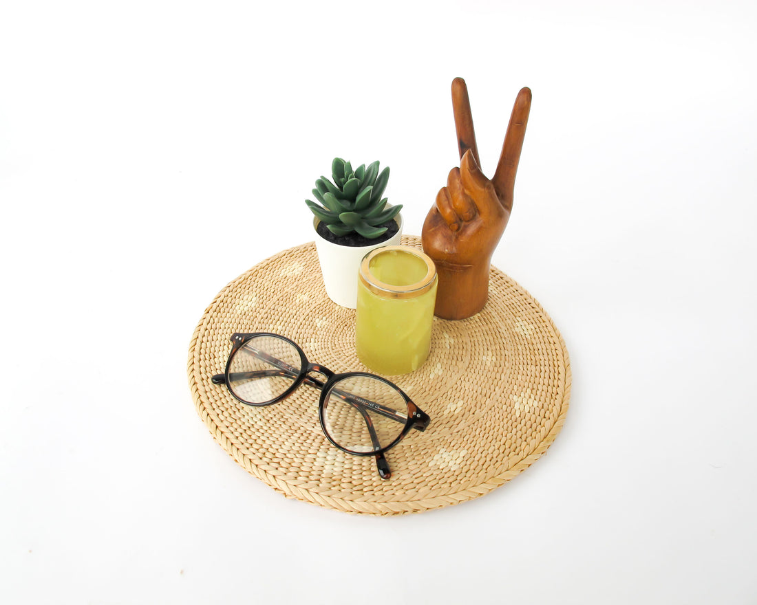 Small Yellow marble jar with brass rim